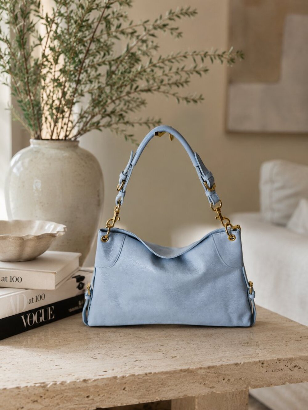 Powder Blue Italian Leather Hobo Bag, Slouchy East West